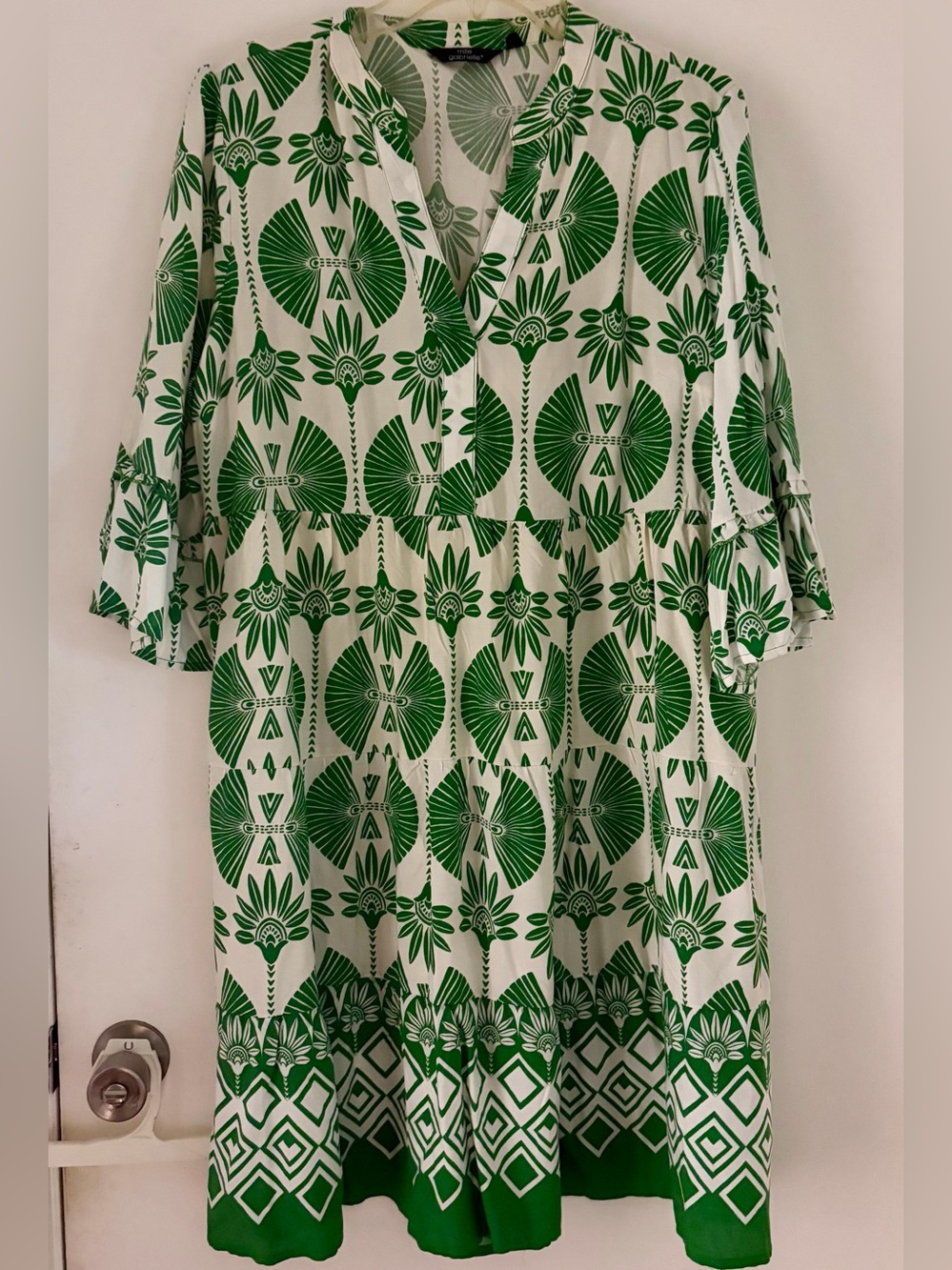 Mlle Gabrielle Green & White Printed Rayon Midi Dress